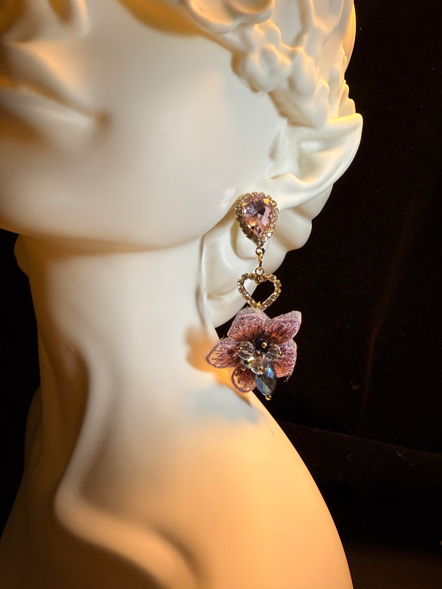 Vintage Style Embroidered Floral Drop Earrings with Crystal Teardrop E0002