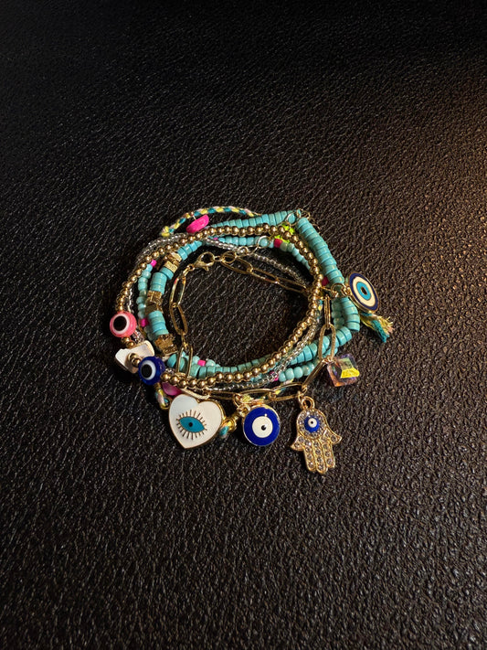 Boho Layered Turquoise Beaded Bracelet with Evil Eye Charms B0007