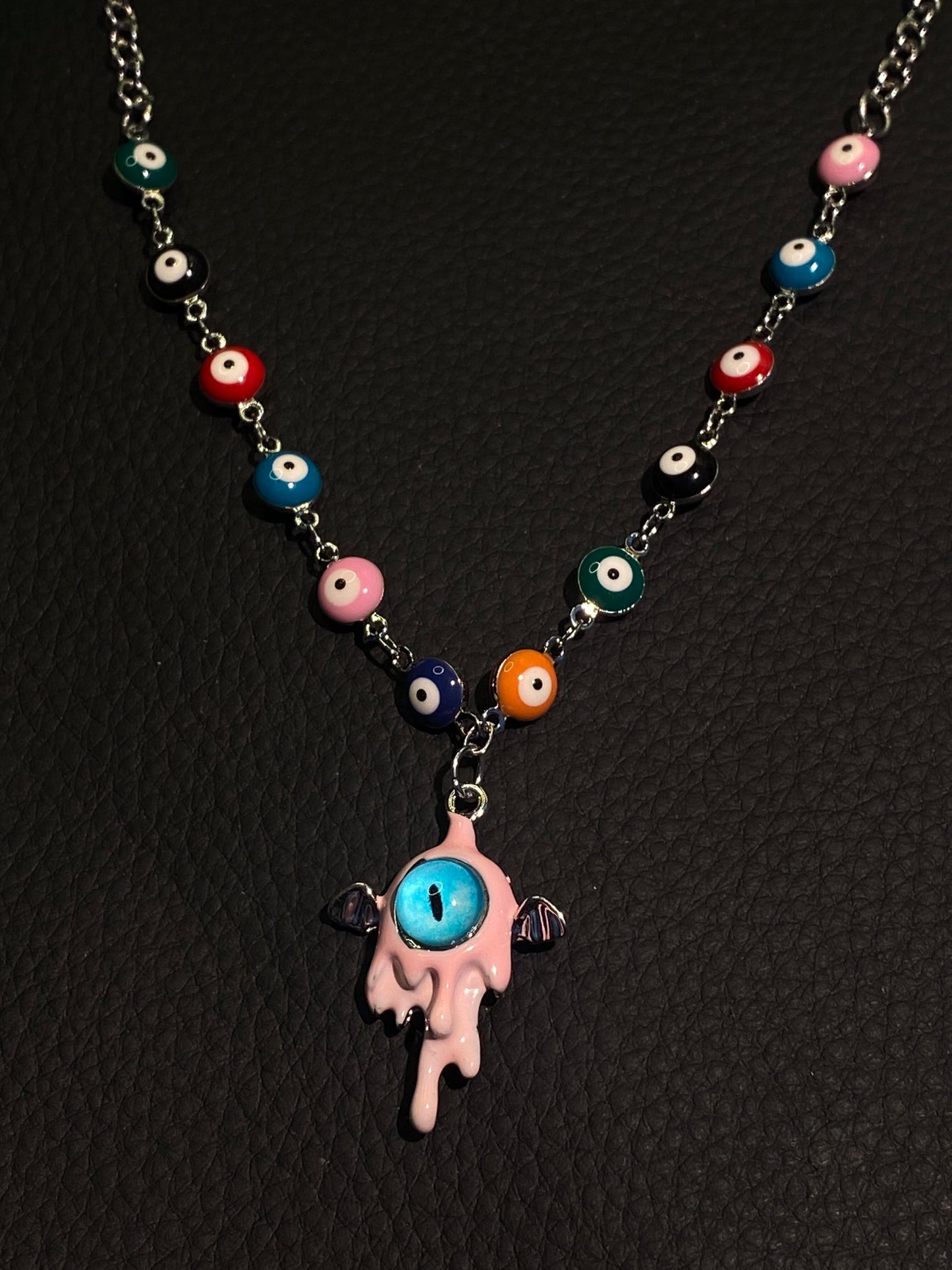 Pastel Goth Melting Eye Pendant Necklace with Colorful Beads N0004