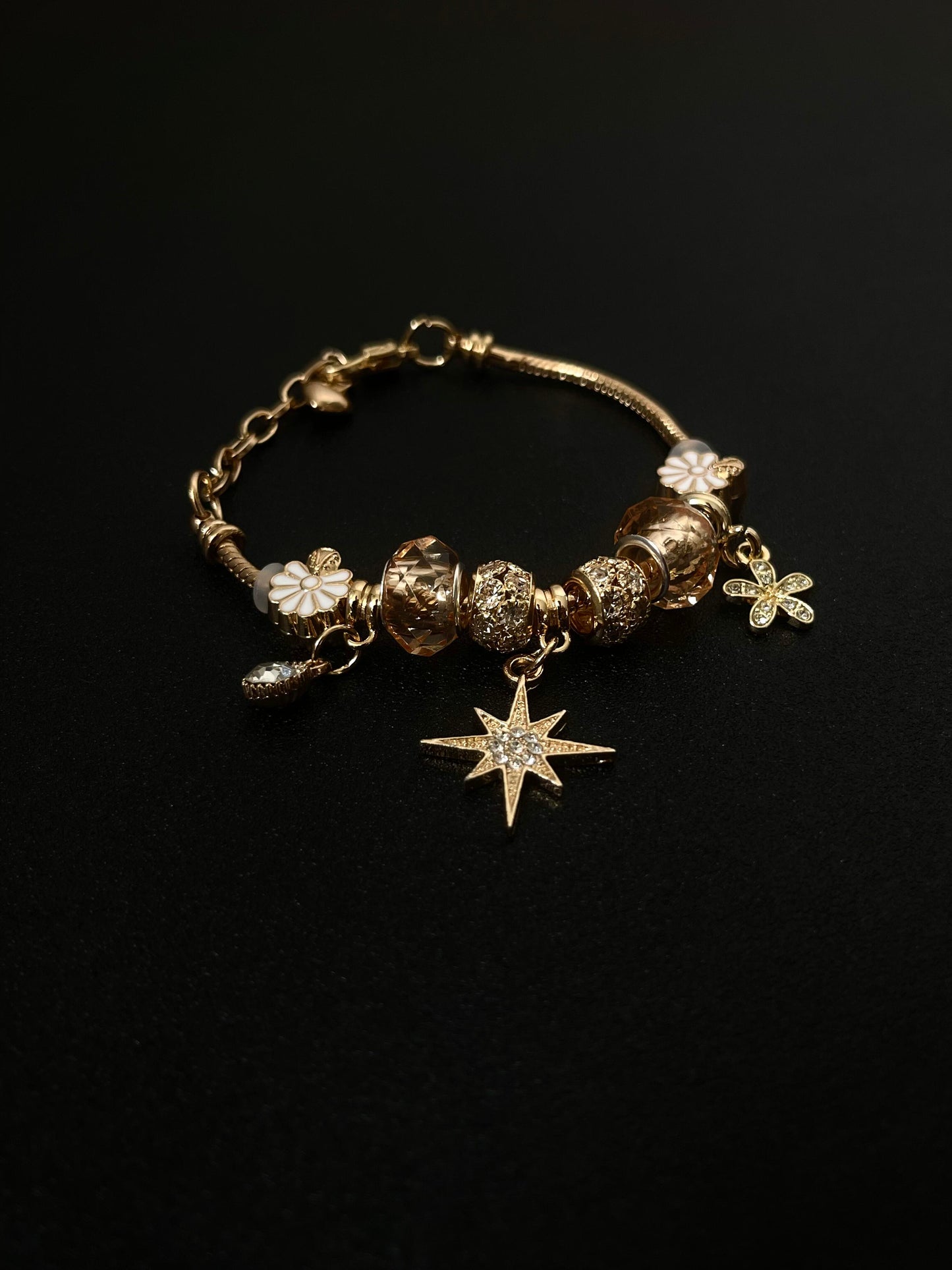 Vintage Gold Charm Bracelet with Glass Beads & Starburst Pendant B0002