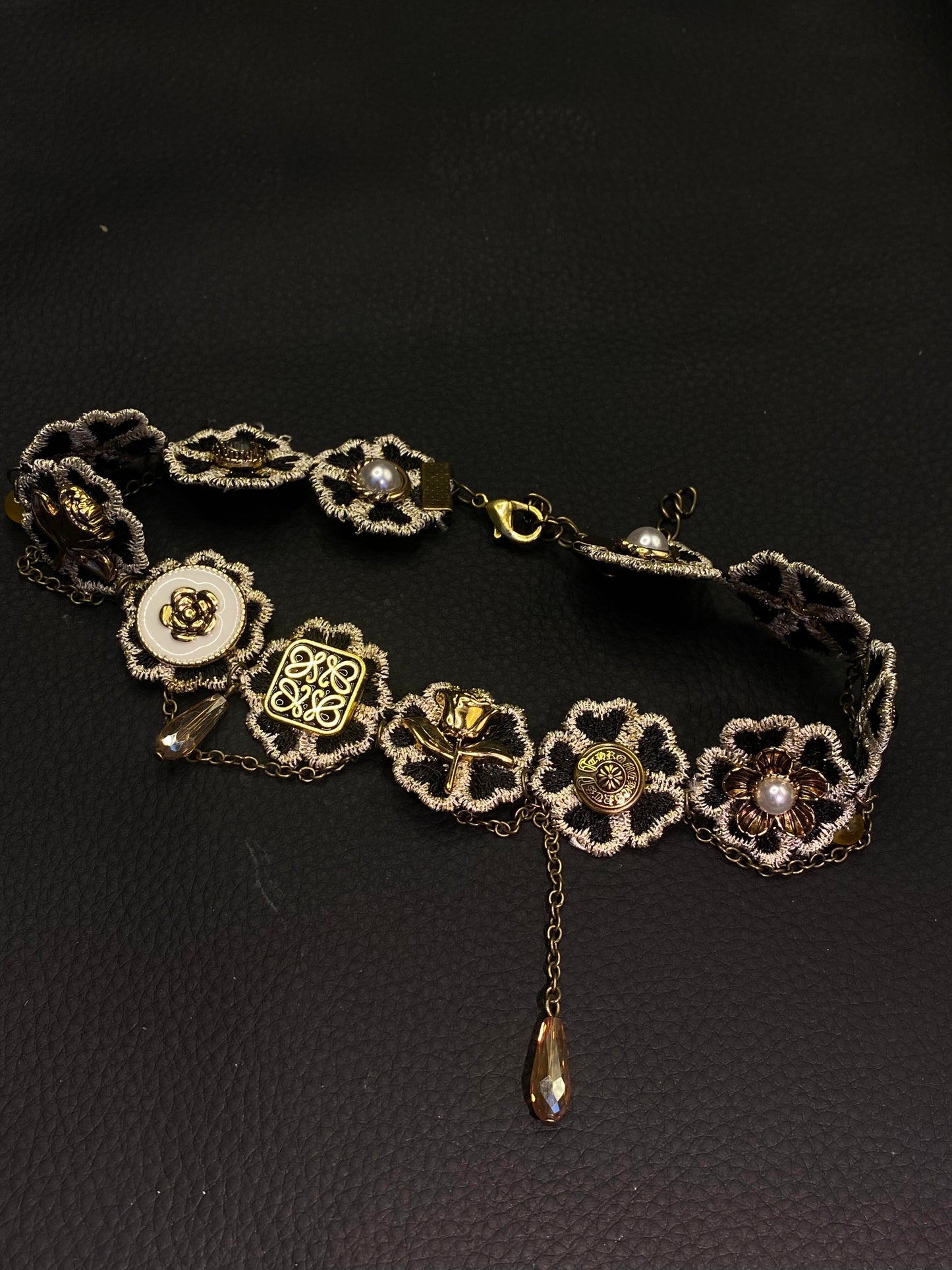 Vintage Victorian Lace Choker with Ornate Buttons & Crystal Drop N0005