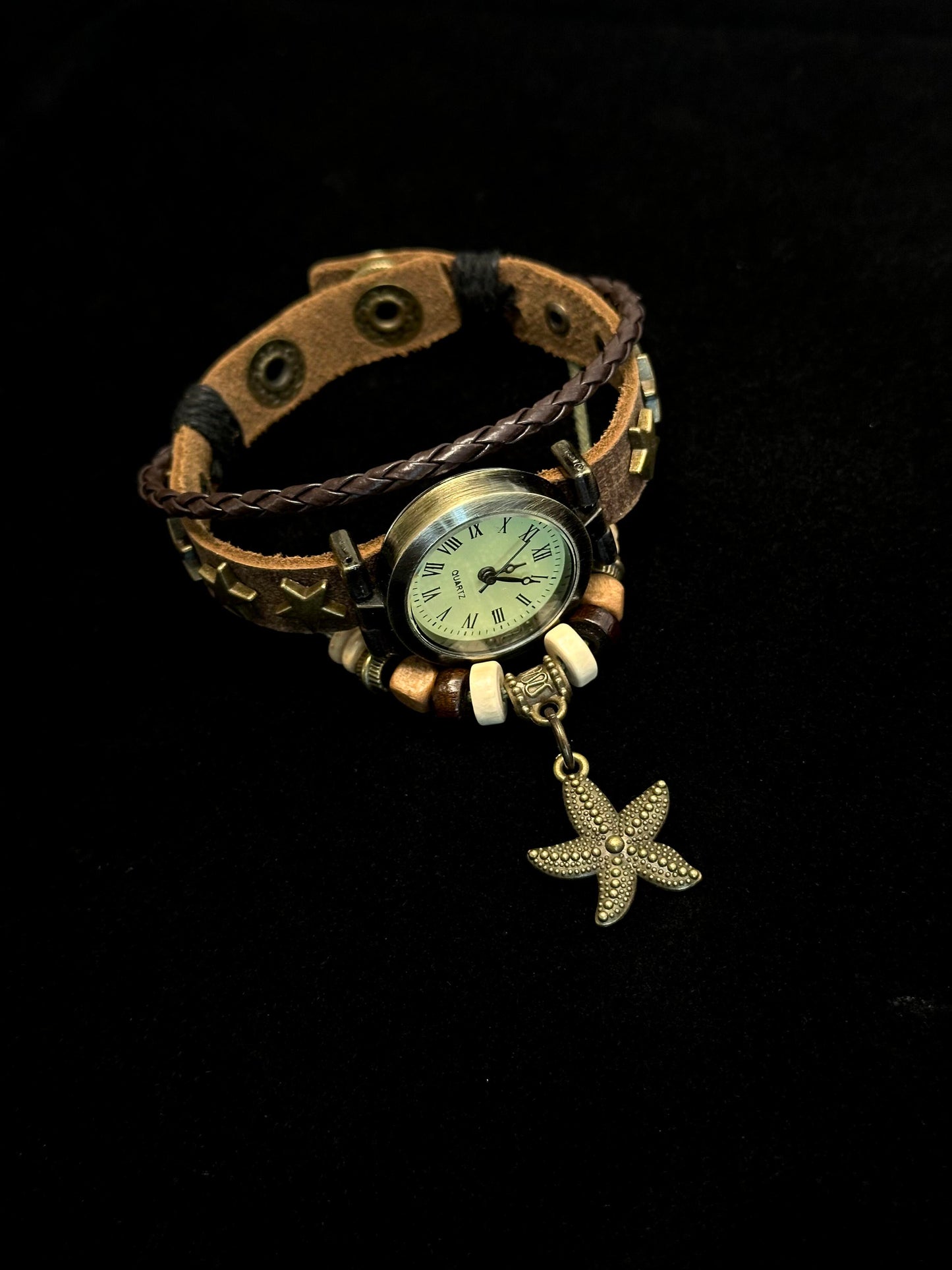 Vintage Boho Leather Wrap Bracelet Watch with Starfish Charm W0003