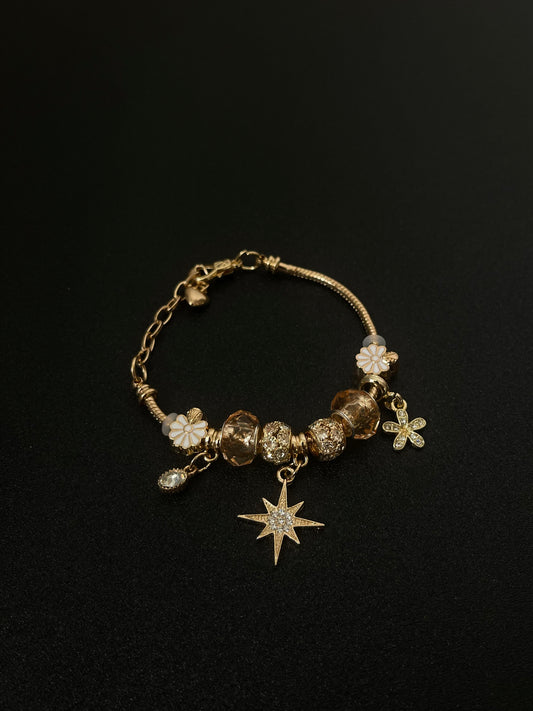 Vintage Gold Charm Bracelet with Glass Beads & Starburst Pendant B0002