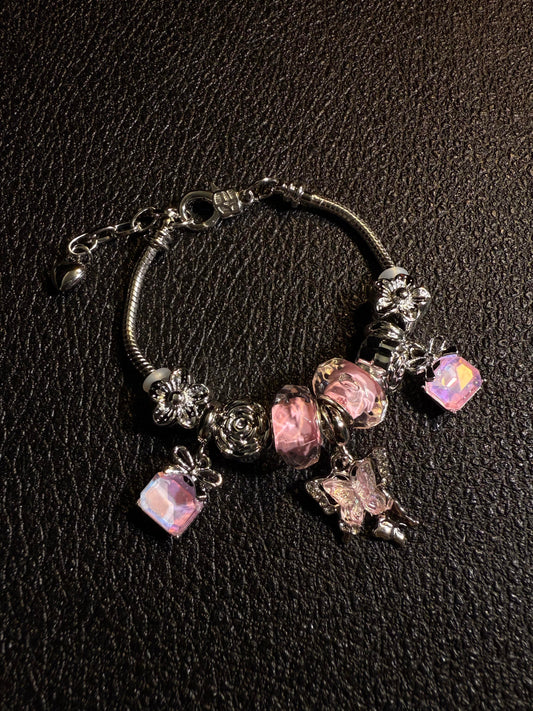 Kawaii Vintage Pink Crystal Bow & Butterfly Charm Bracelet B0008