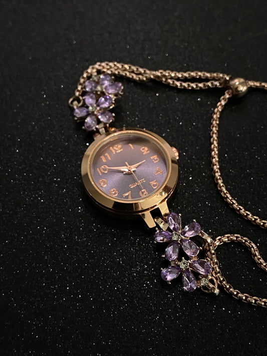 Vintage Romantic Rose Gold Watch with Purple Crystal Flowers W0002
