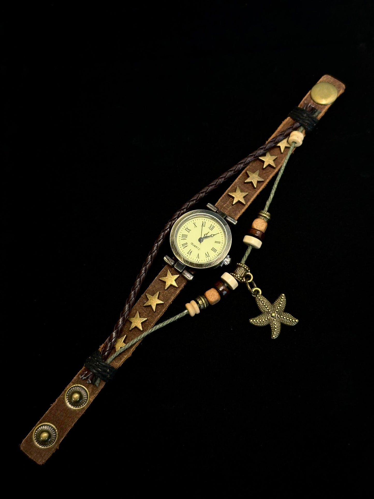 Vintage Boho Leather Wrap Bracelet Watch with Starfish Charm W0003