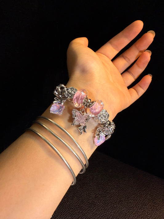 Kawaii Vintage Pink Crystal Bow & Butterfly Charm Bracelet B0008