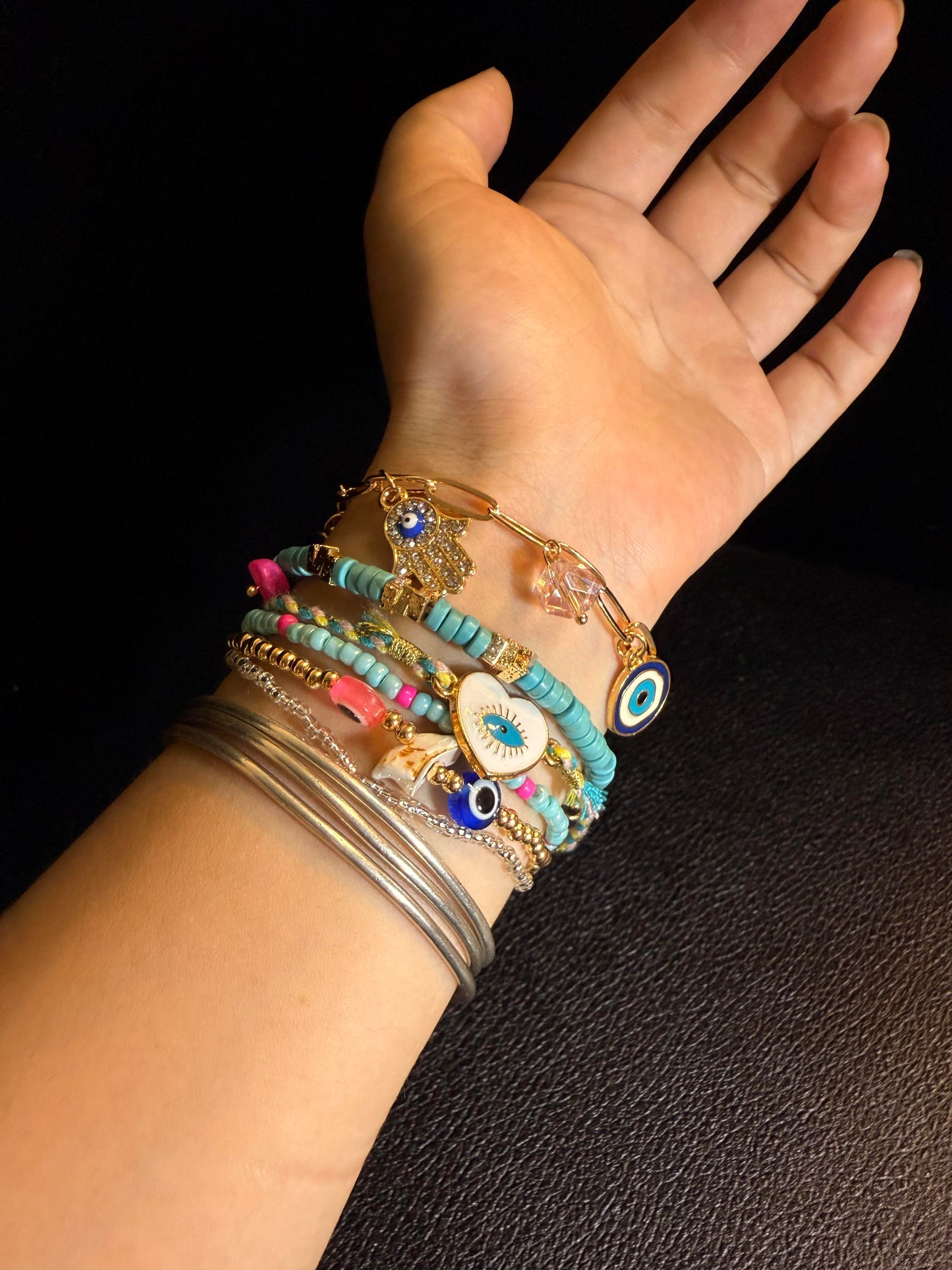 Boho Layered Turquoise Beaded Bracelet with Evil Eye Charms B0007