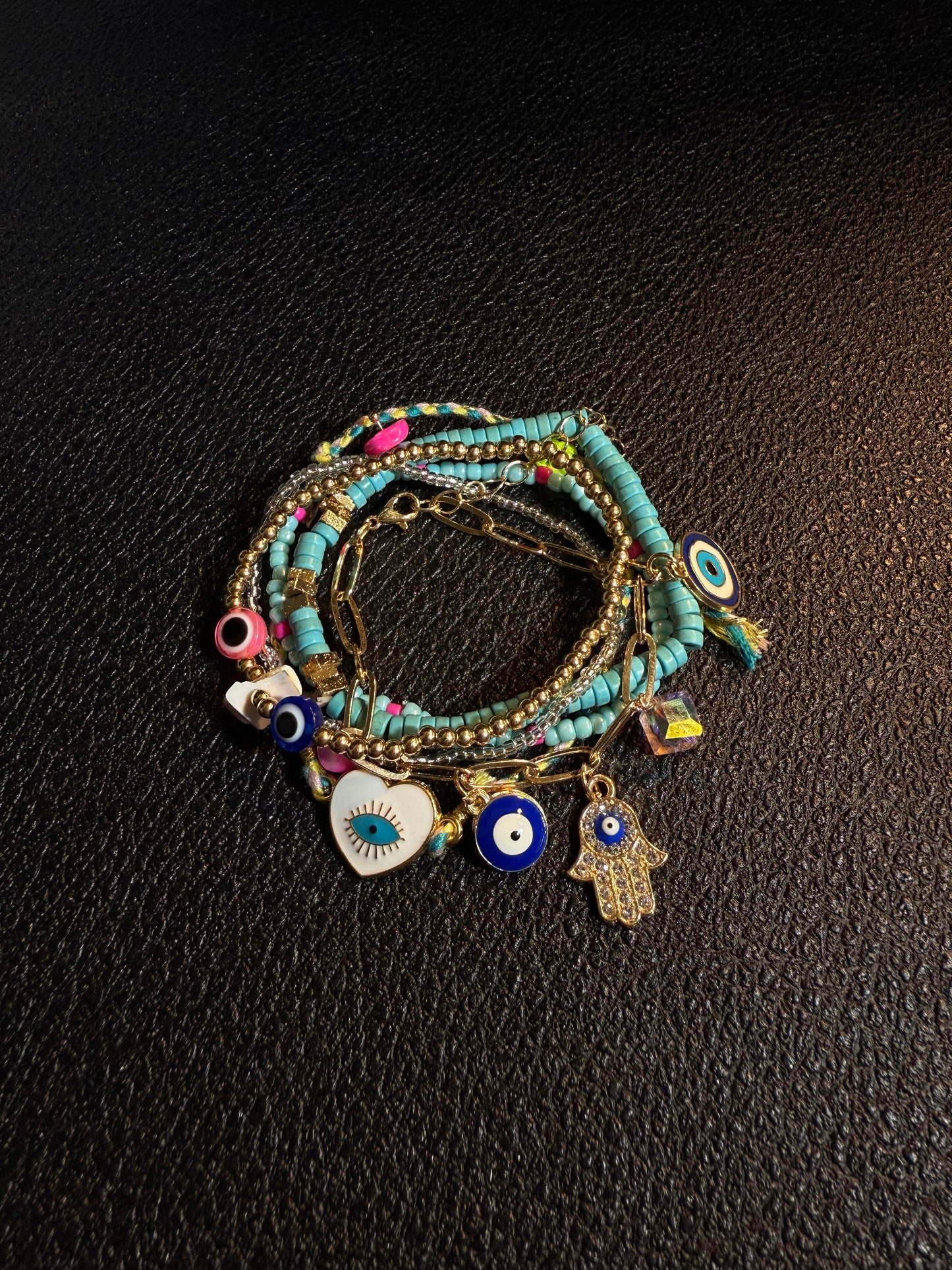 Boho Layered Turquoise Beaded Bracelet with Evil Eye Charms B0007