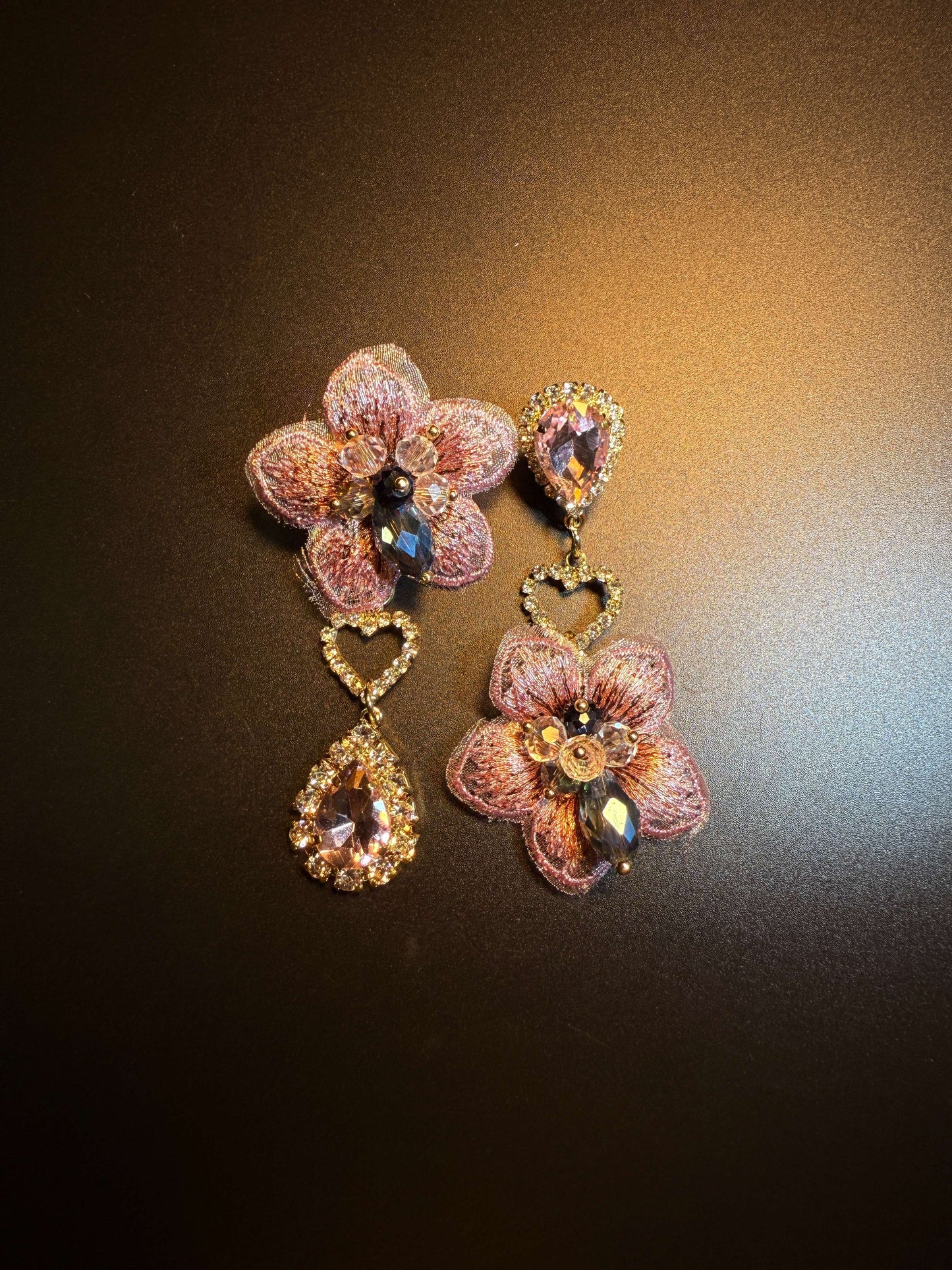 Vintage Style Embroidered Floral Drop Earrings with Crystal Teardrop E0002
