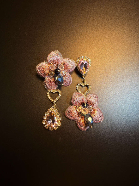 Vintage Style Embroidered Floral Drop Earrings with Crystal Teardrop E0002