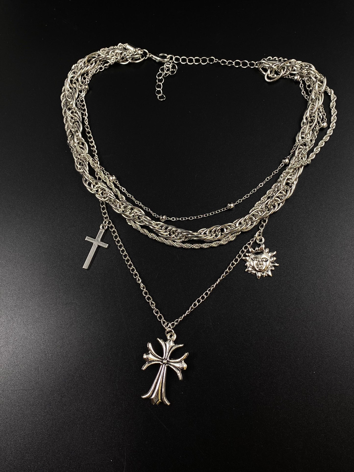 Vintage Layered Silver Chain Necklace with Cross & Sun Pendants N0002