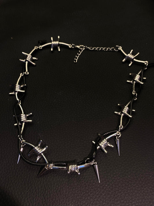 Gothic Silver Barbed Wire & Spike Choker Necklace N0001