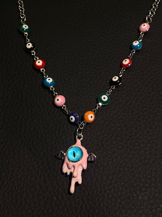 Pastel Goth Melting Eye Pendant Necklace with Colorful Beads N0004