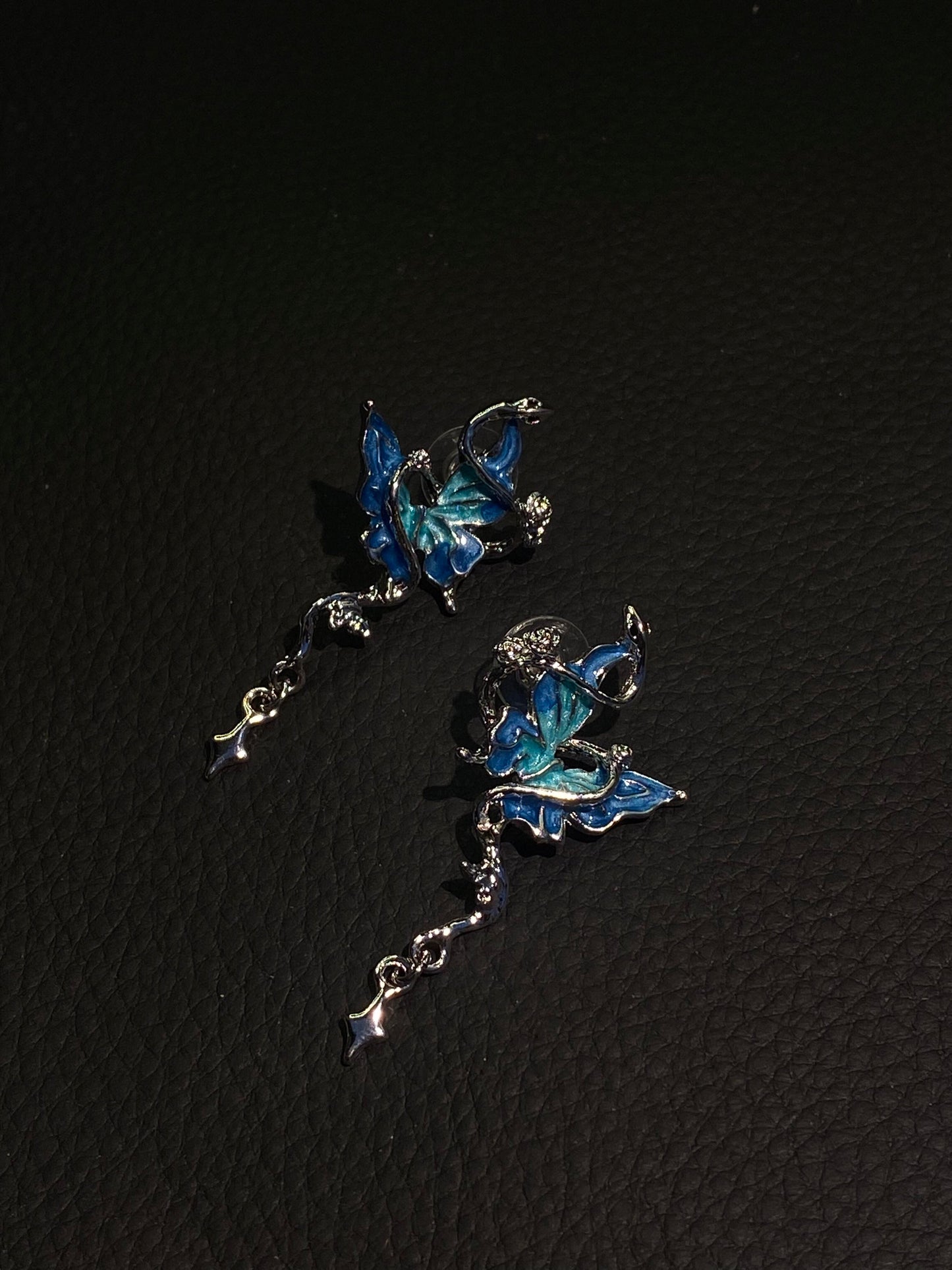 Fairycore Blue Enamel Wing Drop Earrings with Star Dangle E0001