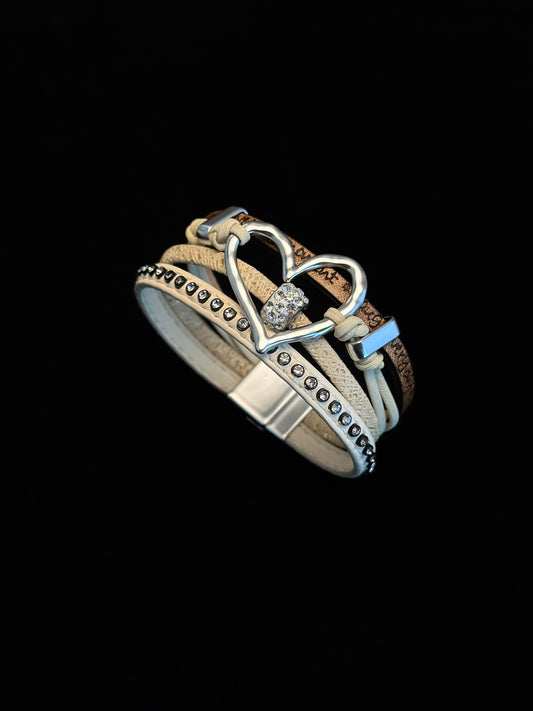 Vintage Layered Leather Wrap Bracelet with Silver Heart B0003