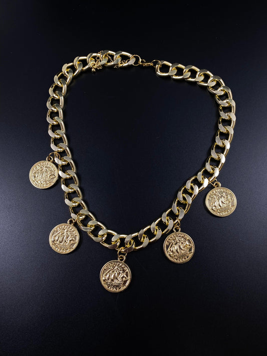 Vintage Chunky Gold Chain Necklace with Ship Coin Pendants N0003