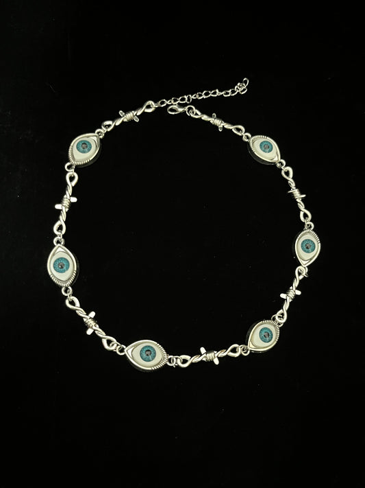 Edgy Gothic Barbed Wire & Evil Eye Choker Necklace N0009