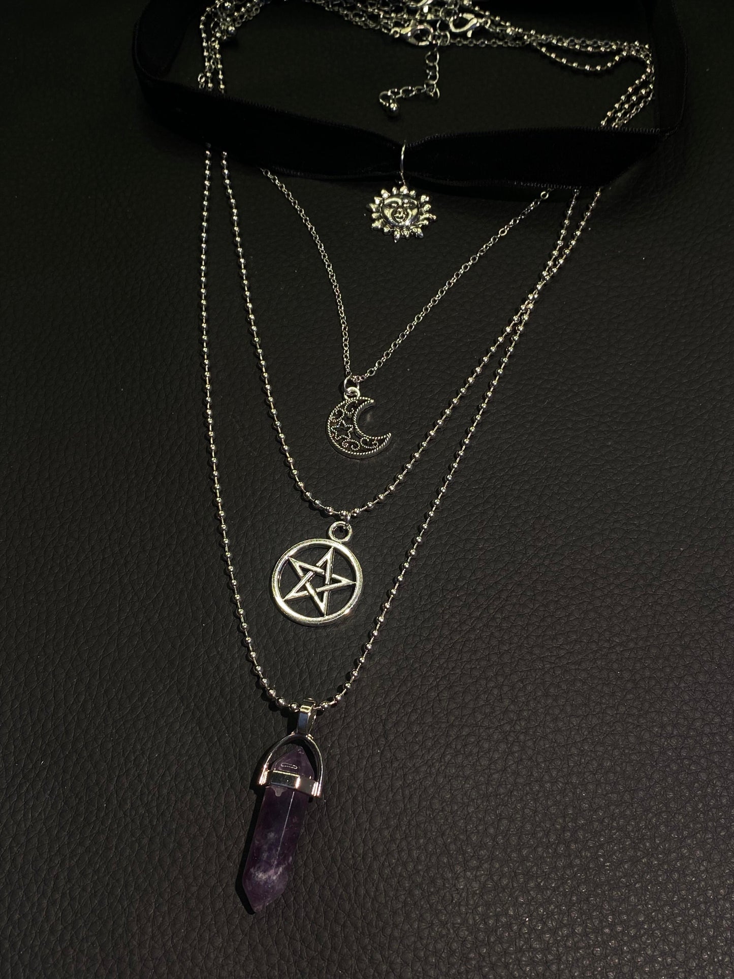 Witchy Layered Velvet Choker with Celestial & Crystal Pendants N0006
