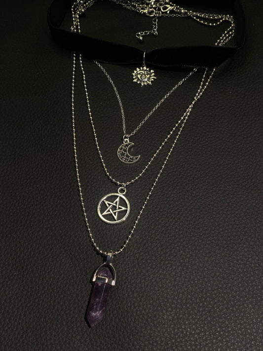 Witchy Layered Velvet Choker with Celestial & Crystal Pendants N0006