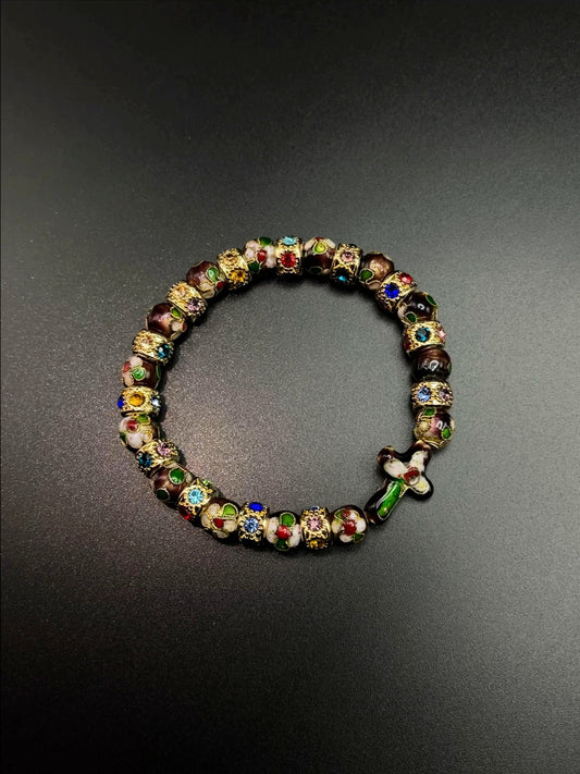 Vintage Gothic Floral Beaded Bracelet with Cross Charm B0006