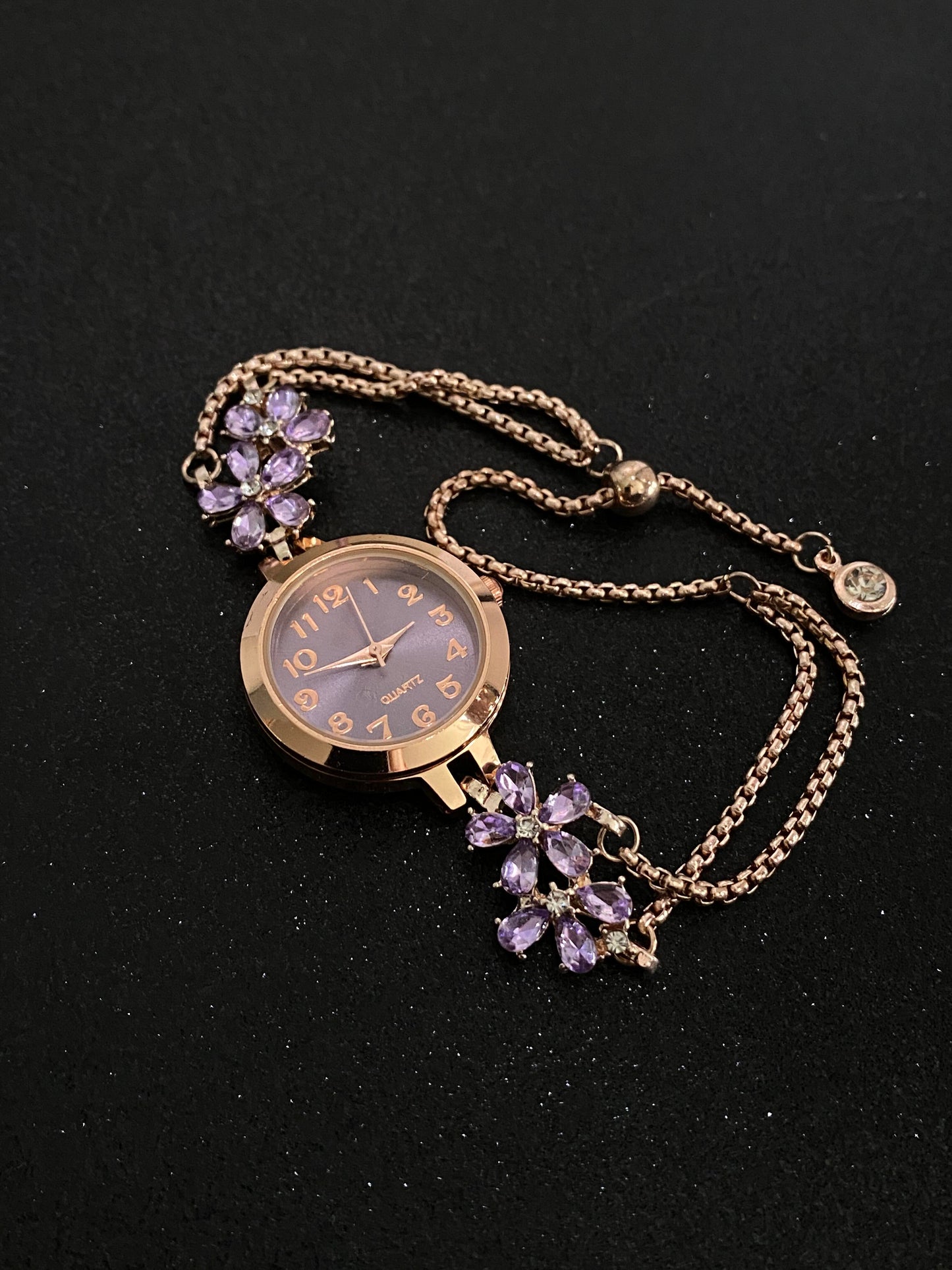 Vintage Romantic Rose Gold Watch with Purple Crystal Flowers W0002