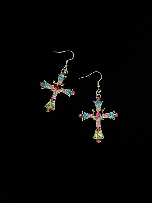 Retro Gothic Multi-Color Rhinestone Cross Drop Earrings E0003