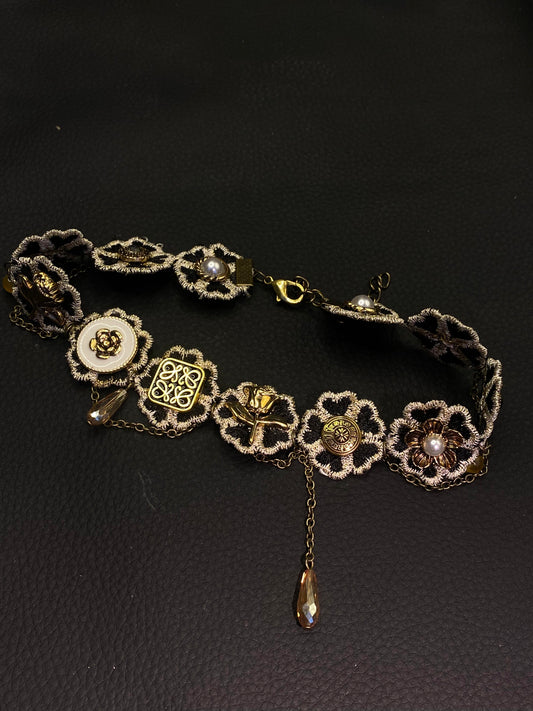 Vintage Victorian Lace Choker with Ornate Buttons & Crystal Drop N0005